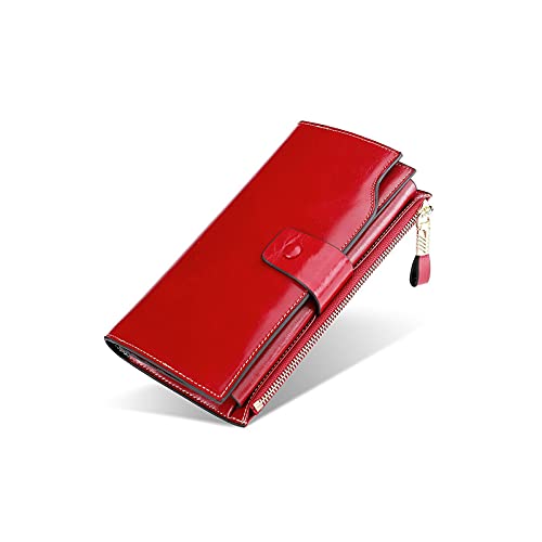 SUICRA Damen Geldbörse Frauen Clutch Brieftasche Echtes Leder Weibliche Lange Brieftasche Frauen Reißverschluss Geldbörse Damen Strap Geld Tasche Geldbörse Für Handy Taschen (Color : Red) von SUICRA