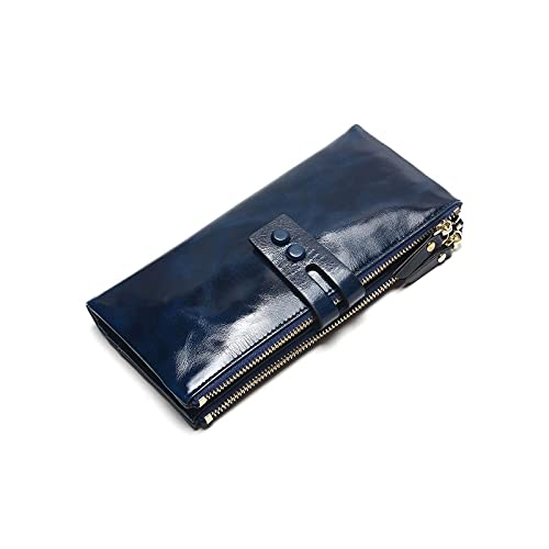 SUICRA Damen Geldbörse Frauen Ölwachs Brieftaschen Weibliche Echtes Leder Womens Wallet Reißverschluss Design Frauen Geldbörse Damen lang (Color : Blue) von SUICRA