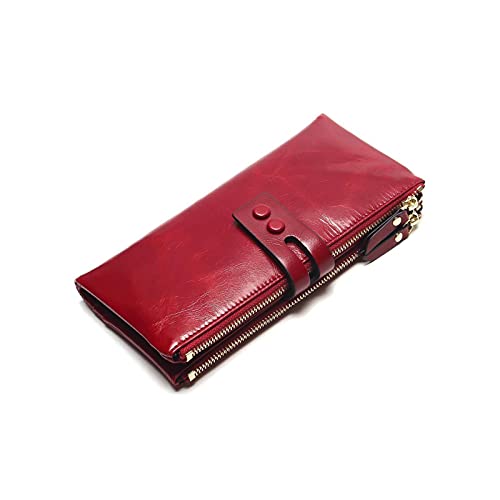 SUICRA Damen Geldbörse Frauen Ölwachs Brieftaschen Weibliche Echtes Leder Womens Wallet Reißverschluss Design Frauen Geldbörse Damen lang (Color : Red) von SUICRA