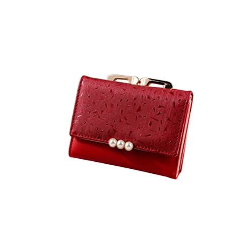 SUICRA Damen Geldbörse Frauen Pu. Leder Perle Kurze Brieftasche Weibliche Münze Geldbörse Mode Geldbörse Geld Tasche Vintage Karteninhaber Womens Kleine Brieftaschen (Color : Red) von SUICRA