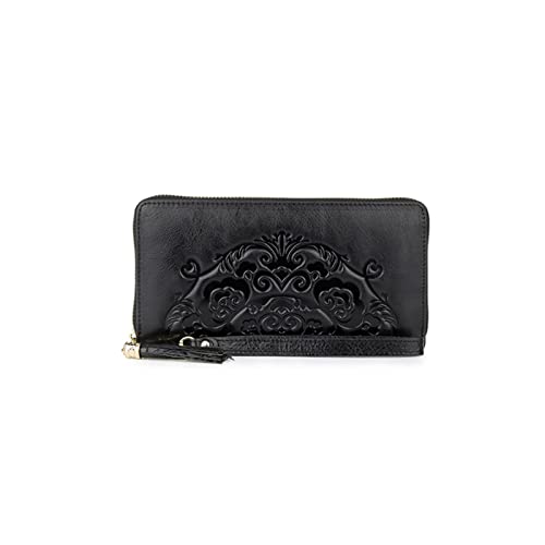 SUICRA Damen Geldbörse Große Kapazität Prägen Blume Frauen Geldbörsen Vintage Reißverschluss Geldbörsen Multi-Card Bit Karten Brieftasche Brieftasche (Color : Black) von SUICRA