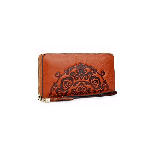 SUICRA Damen Geldbörse Große Kapazität Prägen Blume Frauen Geldbörsen Vintage Reißverschluss Geldbörsen Multi-Card Bit Karten Brieftasche Brieftasche (Color : Orange) von SUICRA