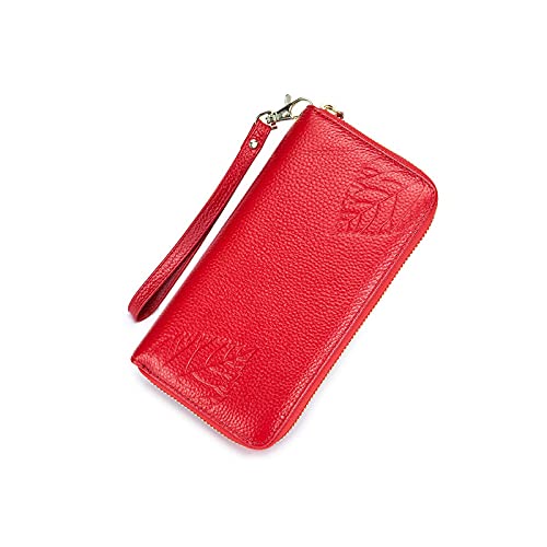 SUICRA Damen Geldbörse Hand Brieftasche Damen Kälber Leder Lange Reißverschluss Brieftasche Große Kapazität Multifunktionale Rindslederkupplung Geldbörse (Color : Red) von SUICRA