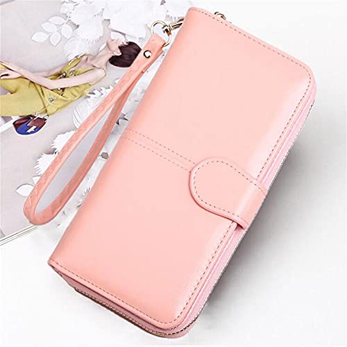 SUICRA Damen Geldbörse Leder Frauen Lange Reißverschluss Öl Wachs Geldbörse Große Kapazität HASP Reißverschluss Geldbörse Damen Lange Wristlet Kupplungsmünzkartenhalter (Color : Pink) von SUICRA