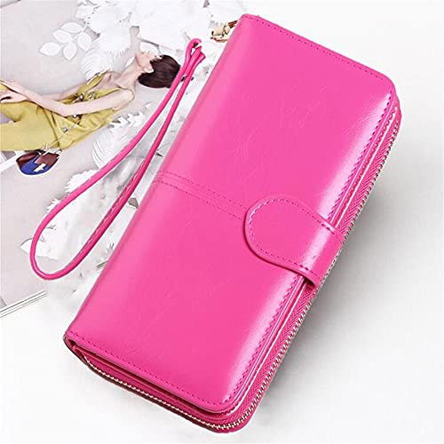 SUICRA Damen Geldbörse Leder Frauen Lange Reißverschluss Öl Wachs Geldbörse Große Kapazität HASP Reißverschluss Geldbörse Damen Lange Wristlet Kupplungsmünzkartenhalter (Color : Rose red) von SUICRA