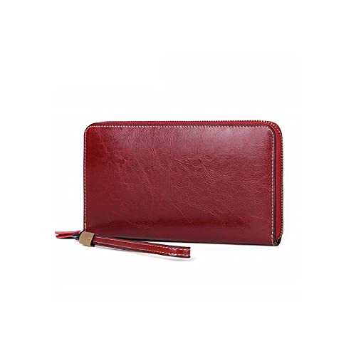 SUICRA Damen Geldbörse Lederfrauenwaffe Großkapazität Langes Öl Wachs Rindsleder Frauen Kartenhalter Geldbörsen Brieftasche (Color : Red) von SUICRA