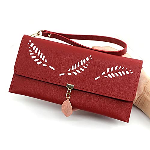 SUICRA Damen Geldbörse Mode Hohl Leder Geld Tasche Damen Lange Brieftasche Hand Geldbörse Schnalle Armband Münze Geldbörse Kartenhalter (Color : Red) von SUICRA