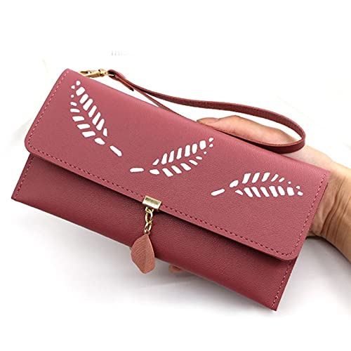 SUICRA Damen Geldbörse Mode Hohl Leder Geld Tasche Damen Lange Brieftasche Hand Geldbörse Schnalle Armband Münze Geldbörse Kartenhalter (Color : Rose red) von SUICRA