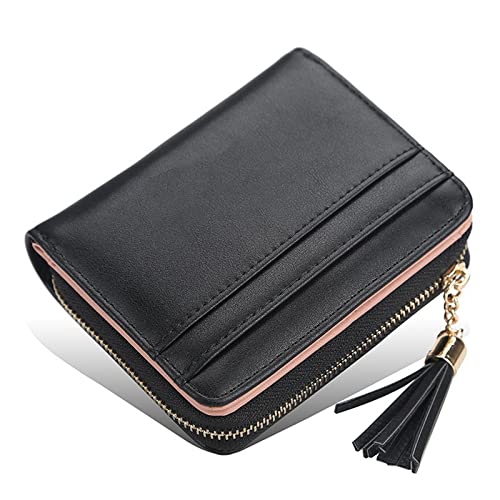 SUICRA Damen Geldbörse Mode Quaste Damen Geldbörse Pu. Leder-Reißverschluss Schnalle Kurze Brieftaschen for Frauen Luxus Multi-Card 2 Falten Münzbörse (Color : Black) von SUICRA