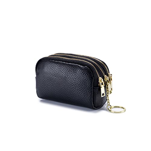 SUICRA Damen Geldbörse Münzbörse Frauen Mini Brieftasche Echtes Leder Wechselbeutel Haushalt Tragbare Tasten Karten Aufbewahrungstasche Zipper Kartenhalter (Color : Black) von SUICRA