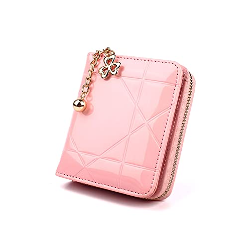 SUICRA Damen Geldbörse Münze Geldbörse Kurzer Falten Kleine Brieftasche Damen Kreditkartenhalter Patent Ledertasche Geldtasche Niedlich (Color : Pink) von SUICRA