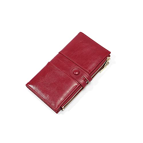 SUICRA Damen Geldbörse Ölwachs Brieftaschen für Frauen Lange Geldbörsen Große Kapazität Doppel Reißverschluss Brieftasche Kupplung Dame Geldbörse (Color : Red) von SUICRA