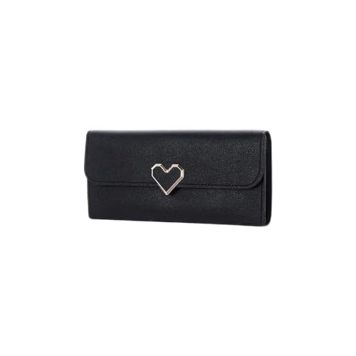 SUICRA Damen Geldbörse PU-Leder-Geldbörse Herz-förmige Dekoration Lange Multi-Card Brieftasche Geldbörse Schnalle Kupplung Handy Student Frauen Geldbörse Neu Niedlich (Color : Black) von SUICRA