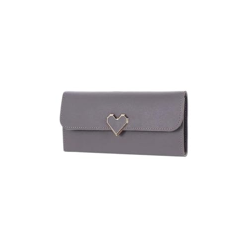 SUICRA Damen Geldbörse PU-Leder-Geldbörse Herz-förmige Dekoration Lange Multi-Card Brieftasche Geldbörse Schnalle Kupplung Handy Student Frauen Geldbörse Neu Niedlich (Color : Gray) von SUICRA