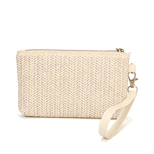 SUICRA Damen Geldbörse Weaving Bag Ladies Wristlet Clutch Women Daily Money Phone Clutch Solid Straw Woven Coin Purse Beach Wallet Card Bag (Color : Ivory) von SUICRA