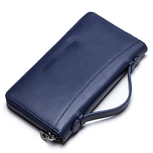 SUICRA Leder-Geldbörse Kuhleder Männer Casual Clutch Brieftasche Kartenhalter Reißverschluss Geldbörse mit Passhalter Telefon Fall for männliche Lange Brieftasche (Color : Blue) von SUICRA