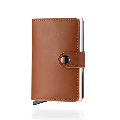 SUICRA Visitenkartenhalter Kartenhalter Herren Kartenetui für Damen Vintage Leder PU Metall Visitenkartenetui RFID Blockieren ID Bank Kreditkartenhülle Mini Wallet (Color : Bruin) von SUICRA