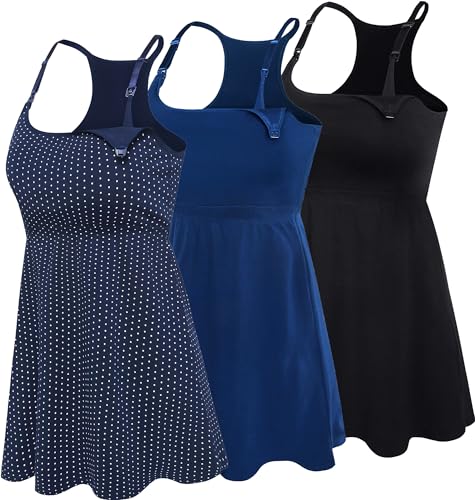 Baumwolle Still-Tanktop Umstands-Cami mit Ablage, BH, Stillhemden, Schwangerschaftskleidung, Schwarz + Marineblau gepunktet + Atrovirens 3er-Pack, Klein von SUIEK