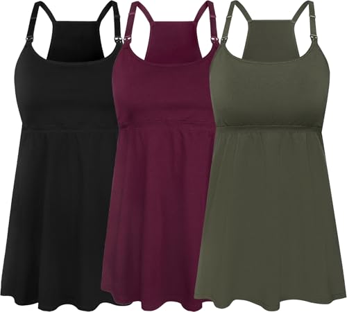 SUIEK 3er-Pack Umstands-Tanktops mit Bralette aus Baumwolle zum Stillen, A-Schwarz + Burgunderrot + Armeegrün – vierter Stil, Groß von SUIEK
