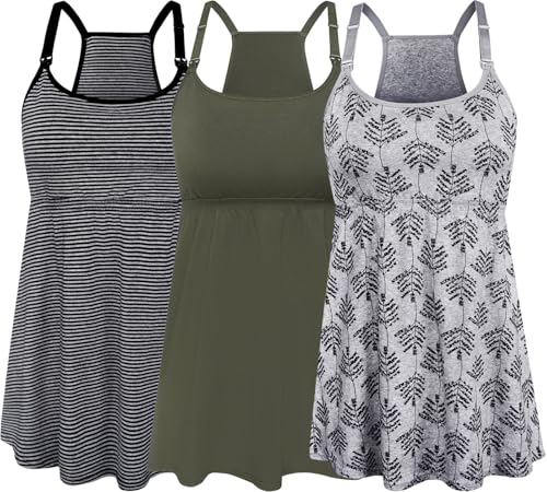 SUIEK 3er-Pack Umstands-Tanktops mit Bralette aus Baumwolle zum Stillen, A-Streifen + Armeegrün + grauer Druck – vierter Stil, Groß von SUIEK