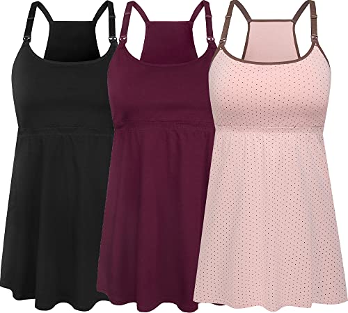 SUIEK Damen Still-Tank Tops Mutterschaft Cami mit Ablage BH Baumwolle Stillkleidung, A-Schwarz + Pink Kaffee-Punkt + Burgunderrot – vierter Stil, Klein von SUIEK