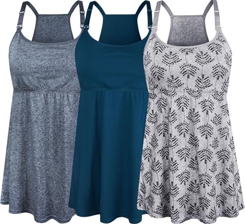 SUIEK Damen Still-Tank Tops Mutterschaft Cami mit Ablage BH Baumwolle Stillkleidung, A-dunkelgrau + grauer Druck + Atroviren – vierter Stil, Mittel von SUIEK