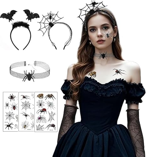 Halloween Haarreif Spinne Fledermaus, Kopfschmuck und Halsketten Tattoos,Haarschmuck Fledermaus Spinne mit Tattoos Halsketten für Kinder Erwachsene Kostüm Accessoires zum Halloween Karneval Fasching von SUIFAYIO