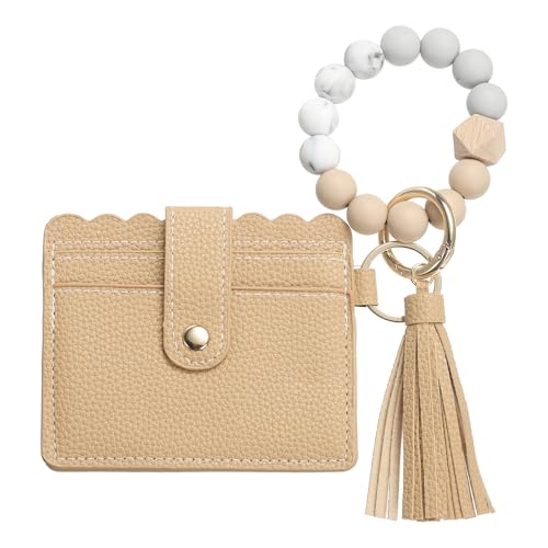 SUIKIHUM Kartenetui mit Silikonperlen-Armband, schlanke Brieftasche aus PU-Leder für Damen, kompaktes und leichtes Design für den täglichen Gebrauch, Khaki, khaki, Täglich von SUIKIHUM