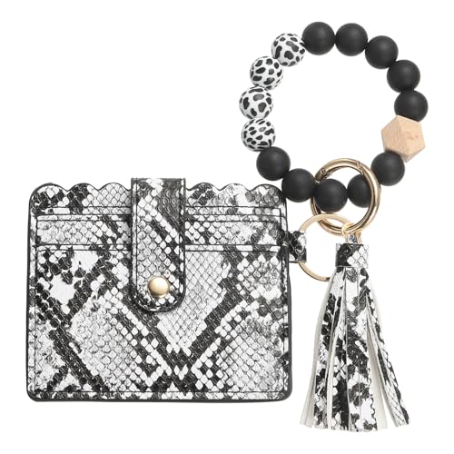 SUIKIHUM Kartenetui mit Silikonperlen-Armband, schlanke Brieftasche aus PU-Leder für Damen, kompaktes und leichtes Design für den täglichen Gebrauch, weiße Schlange, Weiß / Schlangenhautmuster, von SUIKIHUM