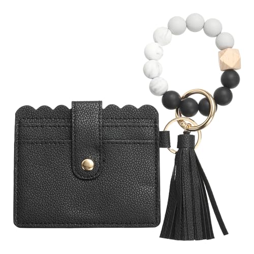 SUIKIHUM Kartenhalter Geldbörse mit Silikonperlen Armband, Slim PU Leder Geldbörse für Frauen, kompaktes und leichtes Design für den täglichen Gebrauch, Schwarz, Schwarz , Täglich von SUIKIHUM