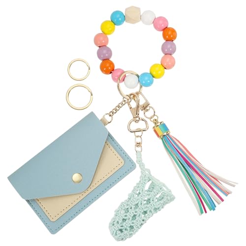 SUIKIHUM Kleines Kreditkartenetui mit Schlüsselanhänger, Armband, Silikonperlen, Ring und Netz-Lippenbalsam-Halter, PU-Leder, Hell, blau, Täglich von SUIKIHUM
