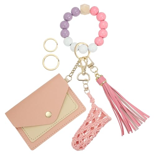 SUIKIHUM Kleines Kreditkartenetui mit Schlüsselanhänger, Armband, Silikonperlen, Ring und Netz-Lippenbalsam-Halter, PU-Leder, Pink, Täglich von SUIKIHUM
