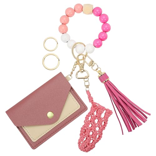 SUIKIHUM Kleines Kreditkartenetui mit Schlüsselanhänger, Armband, Silikonperlen, Ring und Netz-Lippenbalsam-Halter, PU-Leder, Rose, Täglich von SUIKIHUM