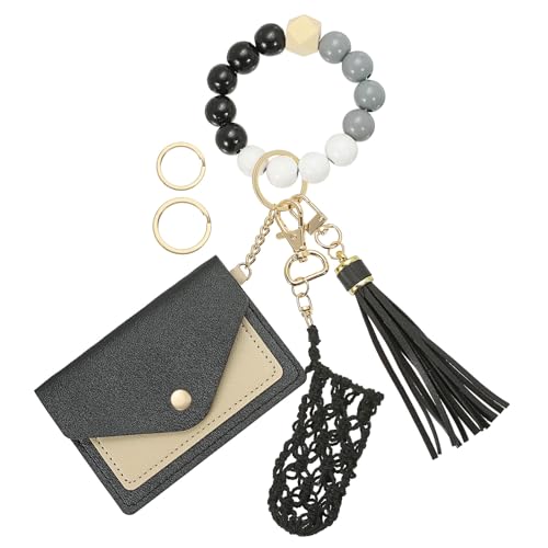 SUIKIHUM Kleines Kreditkartenetui mit Schlüsselanhänger, Armband, Silikonperlen, Ring und Netz-Lippenbalsam-Halter, PU-Leder, Schwarz, Täglich von SUIKIHUM