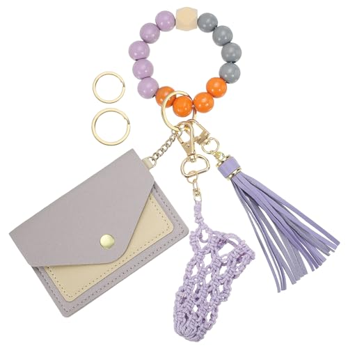 SUIKIHUM Kleines Kreditkartenetui mit Schlüsselanhänger, Armband, Silikonperlen, Ring und Netz-Lippenbalsam-Halter, PU-Leder, Violett, Täglich von SUIKIHUM
