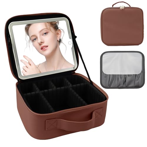 SUILU Reise-Make-up-Tasche mit LED-Spiegel und Licht, Make-up-Reisetasche, Organizer, tragbare Kosmetikpinsel-Organizer-Tasche mit verstellbaren Trennwänden für Kosmetik, Make-up-Pinsel, von SUILU