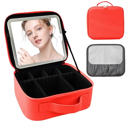 SUILU Reise-Make-up-Tasche mit LED-Spiegel und Licht, Make-up-Reisetasche, Organizer, tragbare Kosmetikpinsel-Organizer-Tasche mit verstellbaren Trennwänden für Kosmetik, Make-up-Pinsel, von SUILU