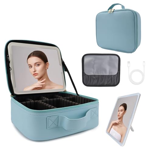 SUILU Reise-Make-up-Tasche mit LED-beleuchtetem Spiegel, Kosmetik-Organizer, mit 3 Farben beleuchteter Einstellung, mit einstellbarer Helligkeit, Kosmetikspiegel und abnehmbarem Spiegel mit 10-facher von SUILU