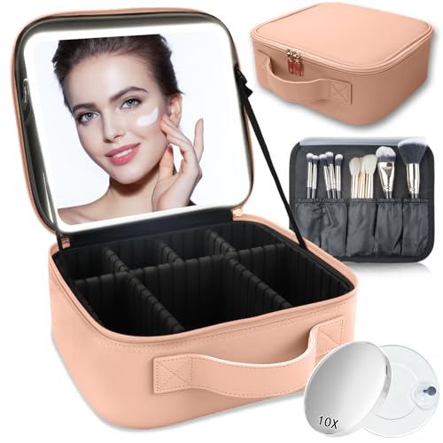 SUILU Reise-Make-up-Tasche mit LED-beleuchtetem Spiegel, Kosmetik-Organizer, mit 3 Farben beleuchteter Einstellung, mit einstellbarer Helligkeit, Kosmetikspiegel und abnehmbarem Spiegel mit 10-facher von SUILU