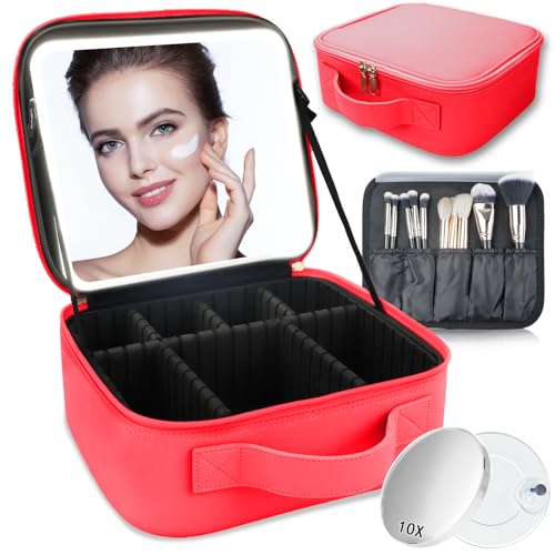 SUILU Reise-Make-up-Tasche mit LED-beleuchtetem Spiegel, Kosmetik-Organizer, mit 3 Farben beleuchteter Einstellung, mit einstellbarer Helligkeit, Kosmetikspiegel und abnehmbarem Spiegel mit 10-facher von SUILU