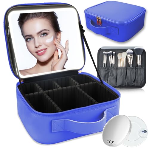 SUILU Reise-Make-up-Tasche mit LED-beleuchtetem Spiegel, Kosmetik-Organizer, mit 3 Farben beleuchteter Einstellung, mit einstellbarer Helligkeit, Kosmetikspiegel und abnehmbarem Spiegel mit 10-facher von SUILU