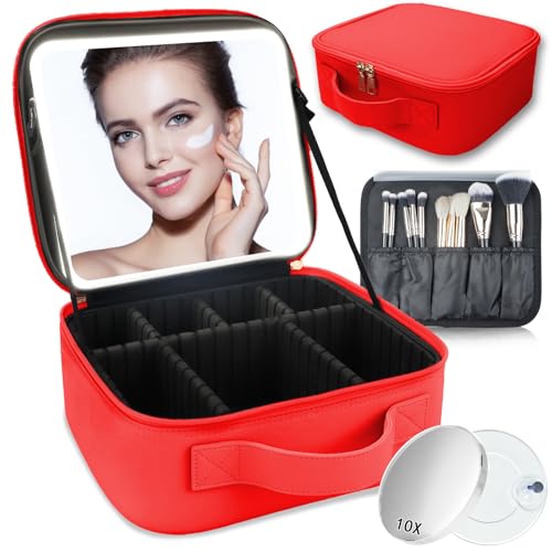 SUILU Reise-Make-up-Tasche mit LED-beleuchtetem Spiegel, Kosmetik-Organizer, mit 3 Farben beleuchteter Einstellung, mit einstellbarer Helligkeit, Kosmetikspiegel und abnehmbarem Spiegel mit 10-facher von SUILU