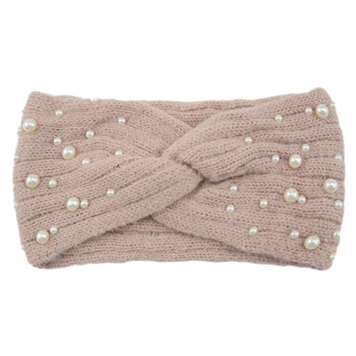 SUIOPPYUW Bleiben Sie warm mit dem Ohrenwärmer Winter Stirnband, verstellbar, atmungsaktiv und leicht, gestricktes Perlen Stirnband für Damen aus Polyester, Rosa von SUIOPPYUW