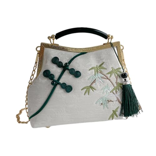 SUIOPPYUW Quastentasche, Quasten Retro Riementasche, Retro, 23,5 x 10 x 18 cm, chinesische Stickerei, Umhängetasche, Damen Stickerei (grün), Weiß von SUIOPPYUW