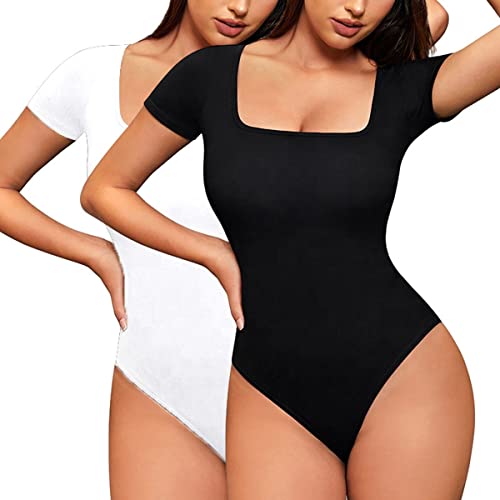 SUIUOI 2PCS Damen-Bodysuits mit eckigem Ausschnitt Kurzarm, Bodysuit Tops Damenbody for Damen Stringbody,Overalls Oberteile, Tägliches Tragen von SUIUOI