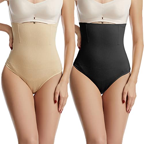 SUIUOI 2PCS Shapewear Damen Tummy Control Bodice Briefs High Waist Briefs,Seamless Underpants Breathable Bauchweg Unterhose Butt Lifter Shapewear Bauch-Weg-Effekt Shapewear Schwarz+Beige M/L von SUIUOI