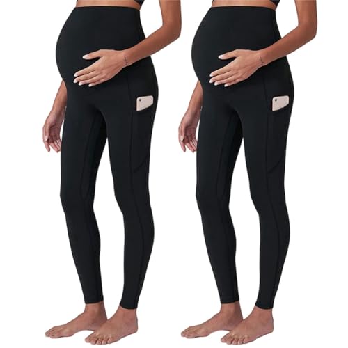 SUIUOI 2er Pack Damen Umstandsleggings, Blickdicht Schwangerschaft Leggings,Umstandsleggings mit Taschen High Waist Umstandshose Blickdichte Schwangerschaftsleggings Weich Elastisch Yoga Sport von SUIUOI