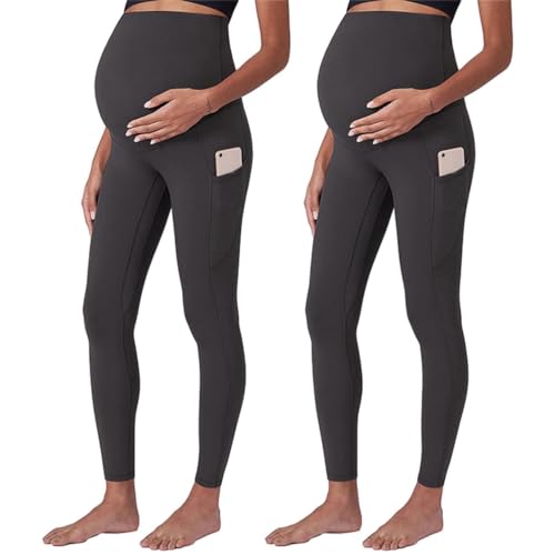 SUIUOI 2er Pack Damen Umstandsleggings, Blickdicht Schwangerschaft Leggings,Umstandsleggings mit Taschen High Waist Umstandshose Blickdichte Schwangerschaftsleggings Weich Elastisch Yoga Sport von SUIUOI