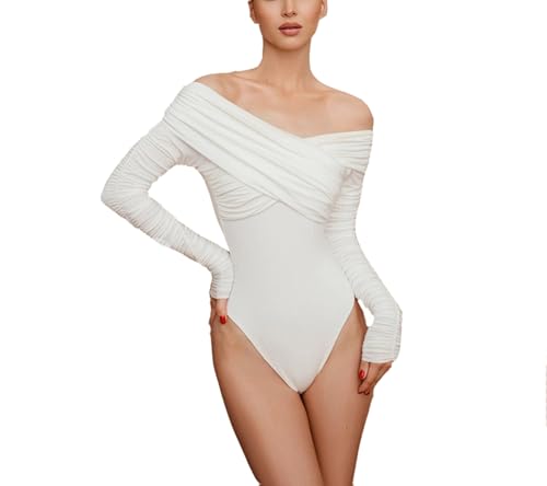 SUIUOI Body Shaper Damen Langarm,Off Shoulder Elegant Bodys Tops Body V Ausschnitt Bodysuit String Oberteil Lange Ärmel mit One-Shoulder Bodysuits Tops Unterziehbody Gesmokte von SUIUOI