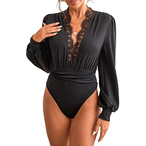 SUIUOI Body mit Puff Armeln,Elegant Blusenbody Langärmliger Bodysuit mit Tiefem Blusen V-ausschnitt und Spitze Langarmshirt mit Spitze Langarm Plissee Falten Tunika Langarmshirt Oberteile Tops von SUIUOI